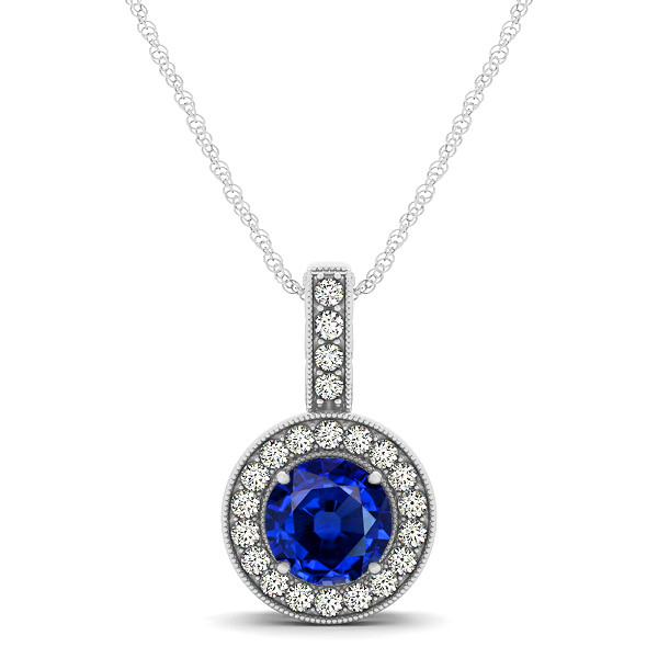 Vintage Halo Necklace Round Sapphire Pendant
