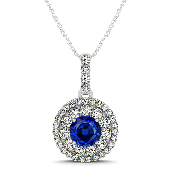 Round Sapphire Necklace with Twin Halo Pendant