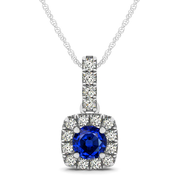 Peculiar Halo Side Stone Round Sapphire Drop Necklace