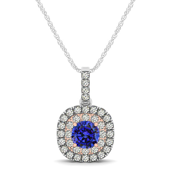 Cushion Shaped Halo Necklace with Round Sapphire Pendant