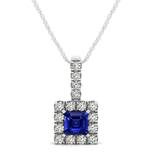 Upscale Square Drop Halo Necklace with Princess Cut Sapphire