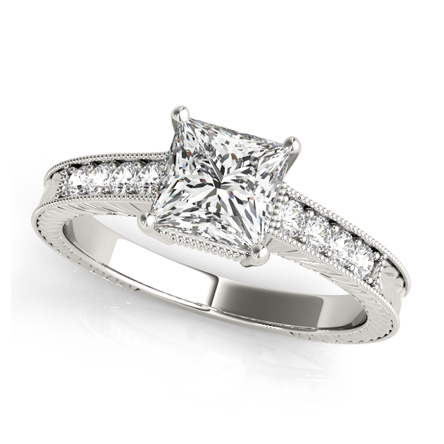 Antique Side Stone Wedding Ring Set w/ Princess Cut Diamond
