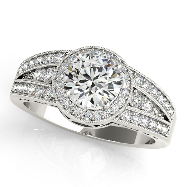 Art Deco Engagement Ring with Round Cut Halo & Wide Shank