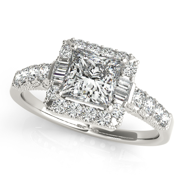 Princess Cut Halo Engagement Ring with Side Stones